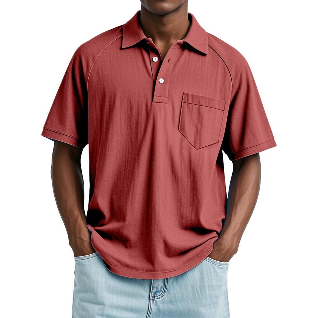 Men's Summer Solid Color Button Pocket Lapel Loose Raglan Short Sleeve Top