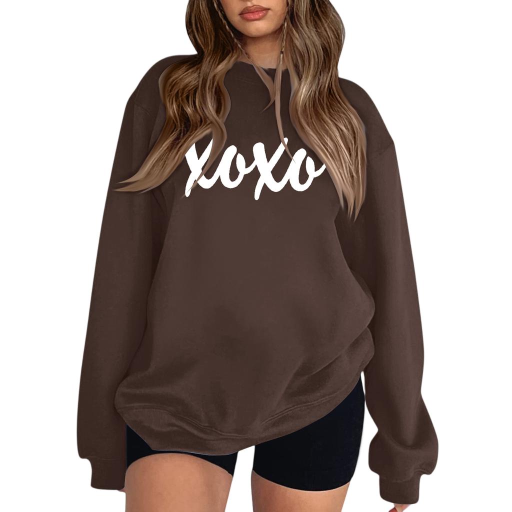 Women's Fashion Round Neck Long Sleeve Solid Color Letter Top Sweatshirt