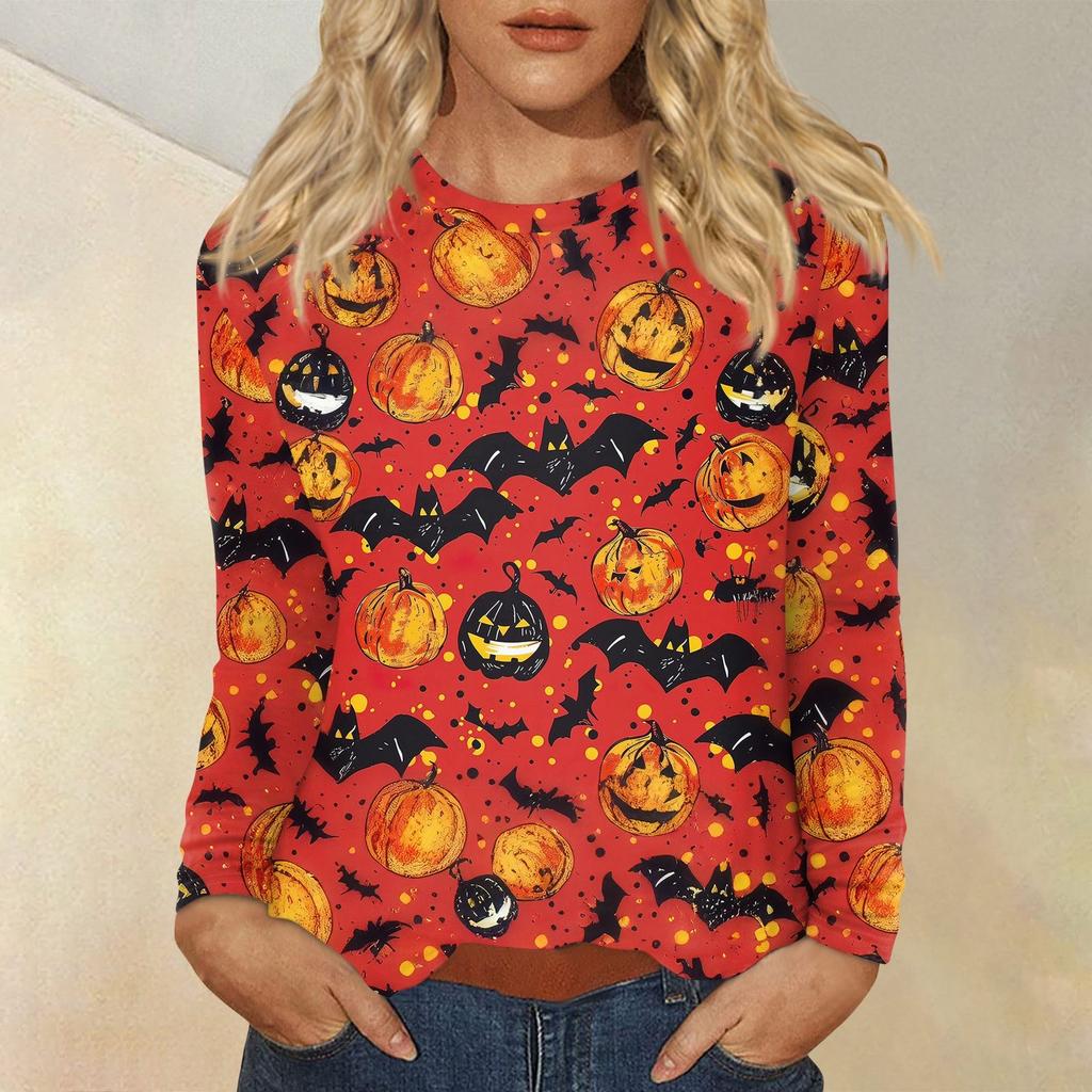 Dámská módní ležérní halenka s potiskem Halloweenu, s kulatým výstřihem a dlouhým rukávem