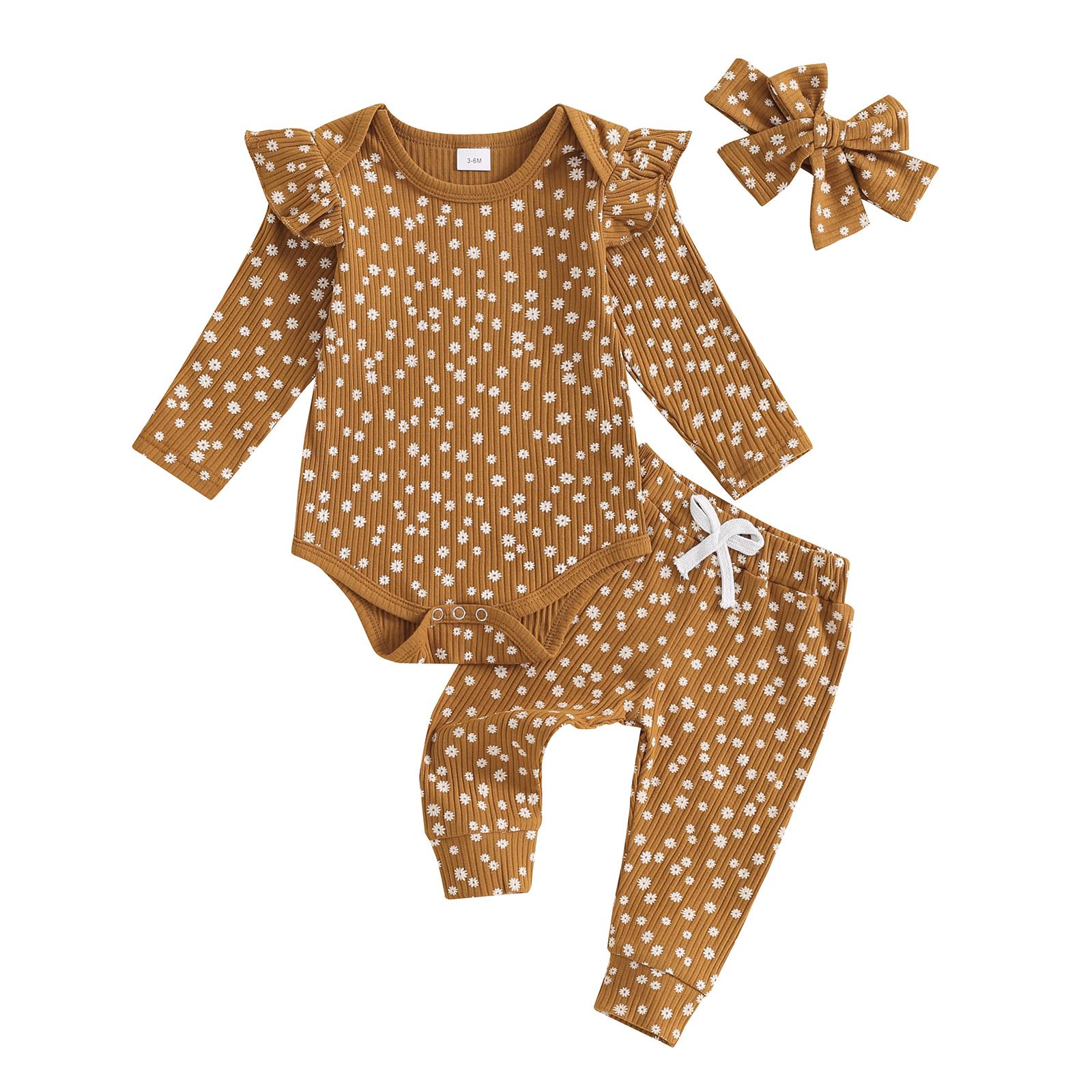 

Осенний наряд для девочки, цветочный комбинезон с длинными рукавами и бантом, комплект из 3 предметов