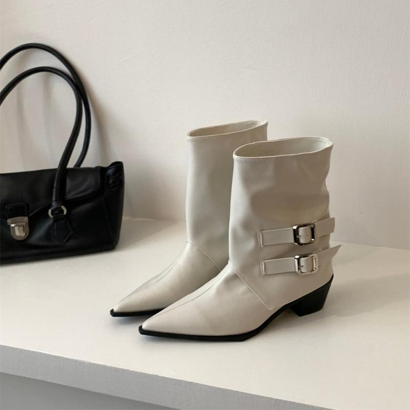 

Design Pointed Toe Thick Heel Woman Pipe Ankle Boot Fashion Ladies Belt Buckle Slim Short Booties Autumn Winter Women s Shoes 35