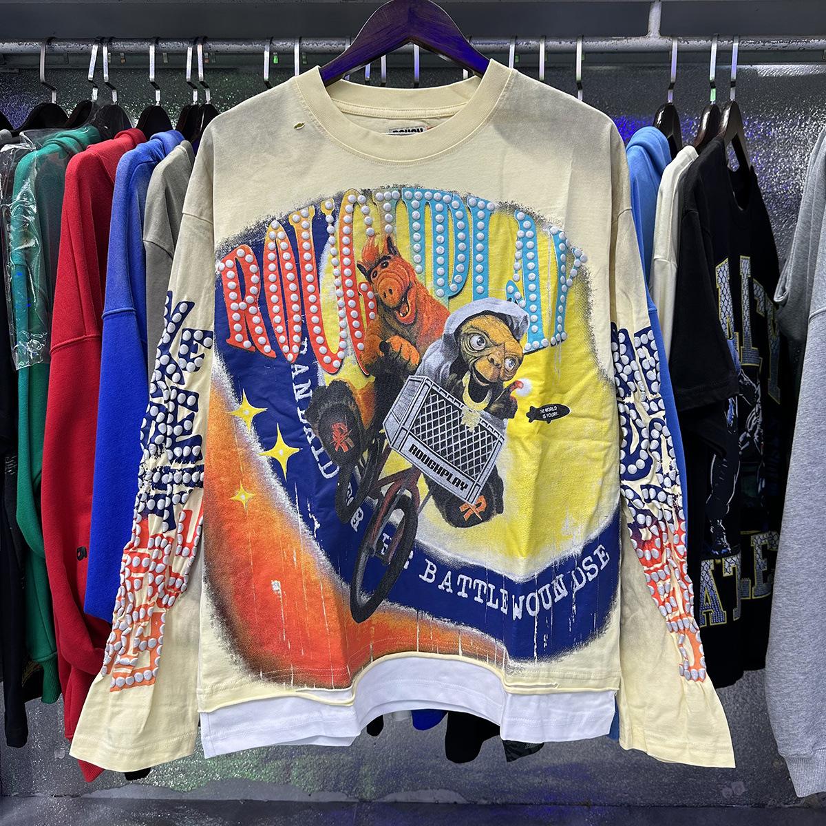 American Trendy RoughPlay Retro Washed Streetwear Hoodie - Long Sleeve Autumn/Winter Casual Layer L