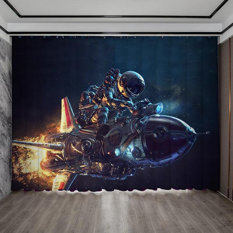 Creative Ins Style High Shading Curtain Astronaut Science Technology Sense Starry Sky Space Boy Game Bedroom Blackout Drape 2PCS