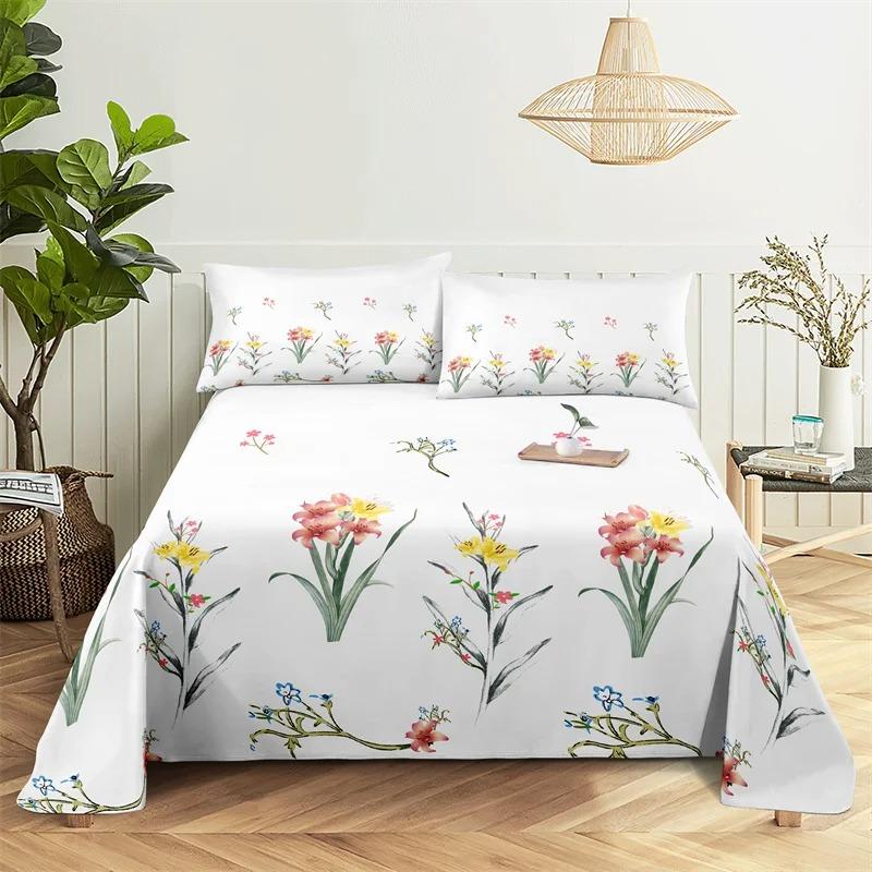 Beautiful Flower Digital Printing Polyester Bed Flat Sheet With Pillowcase Print Bedding Set