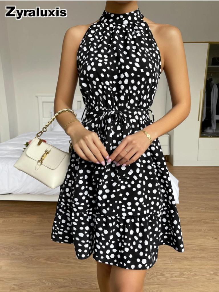 Summer New Women's Dresses Sleeveless Polka Dot Tie-Up Ruffled Hem Dress