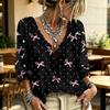 Women's Printed V-Neck Blouse with Tie and Ruffle Trim for Casual Wear