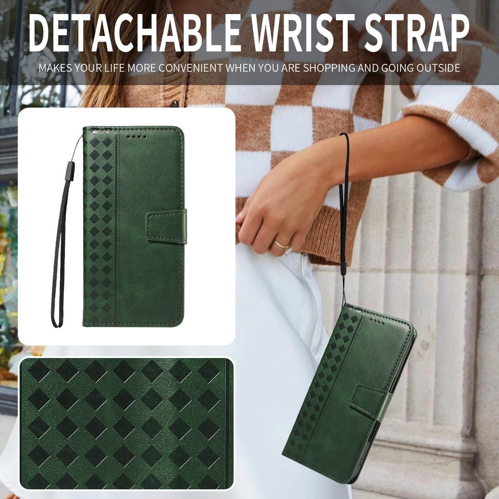 For Xiaomi Poco M7 Pro 5G/Xiaomi Redmi Note 14 5G Leather Case Wallet Stand Grids Imprinted Phone Cover with Strap