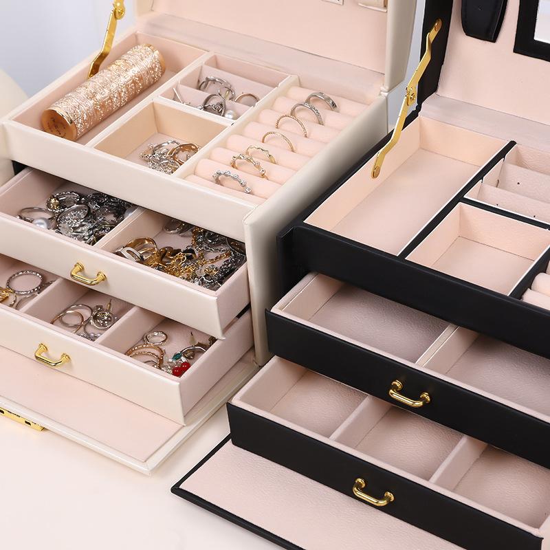 PU Leather Three-layer Locking Jewelry Box Handheld Storage Box Simple and Convenient Jewelry Box