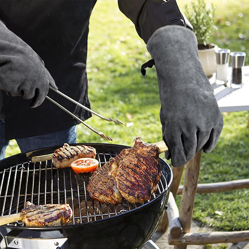 Cowhide BBQ Gloves: Heat-Resistant, Fireproof, Long-Style for Camping, Picnics, and Welding (500℃ Protection)