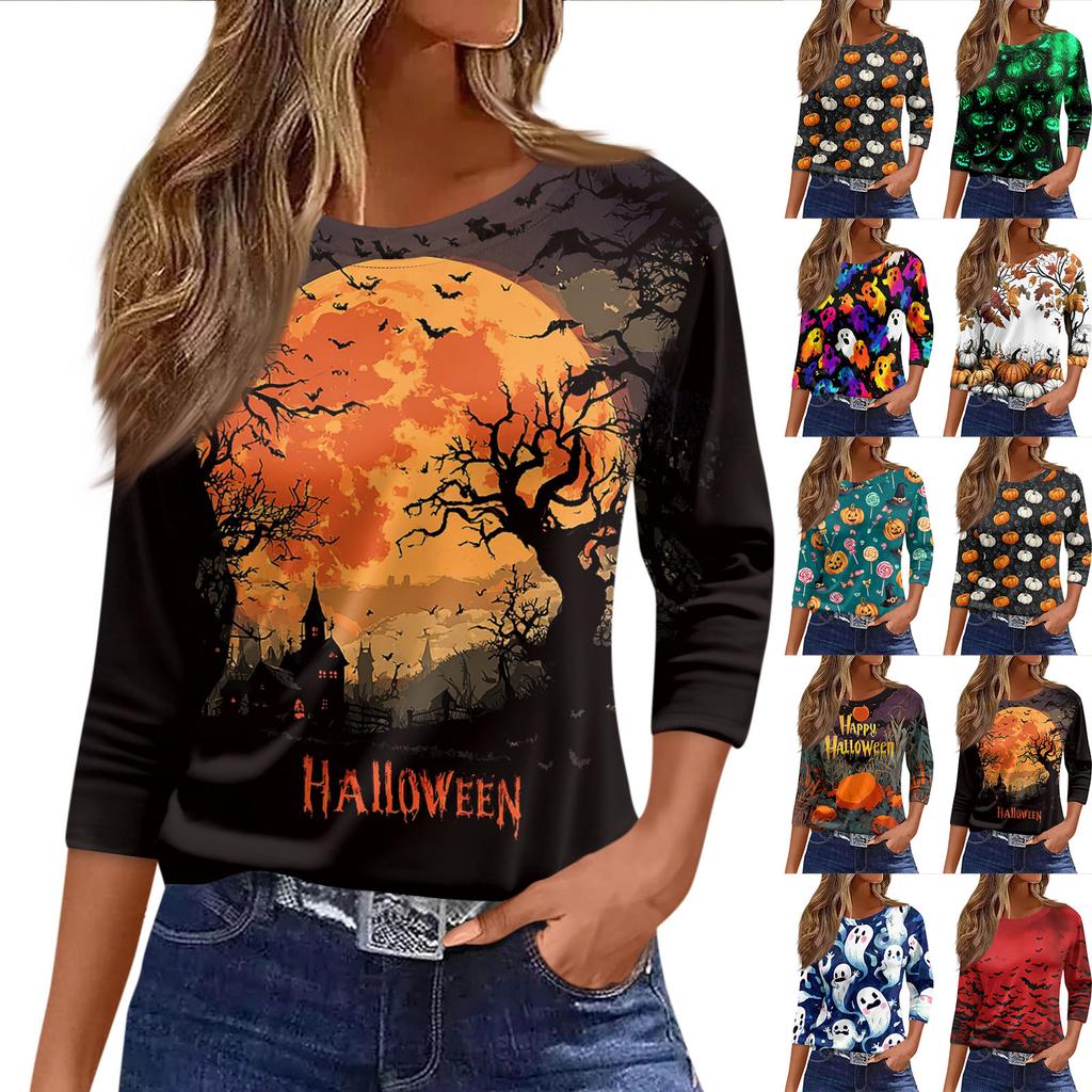 Women 3/4 Sleeve Casual Loose Fit Shirt Round Neck Pullover Halloween Print Top Lightweight Comfortable Blouse