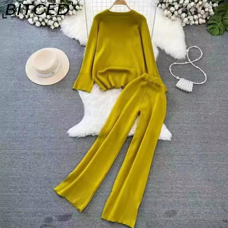 BITCED Fashionable Women's Spring and Autumn Long-sleeved, Round-neck, Loose Knitted Sweater, Two-piece Set, High-waisted, Straight-leg Wide-leg Pants