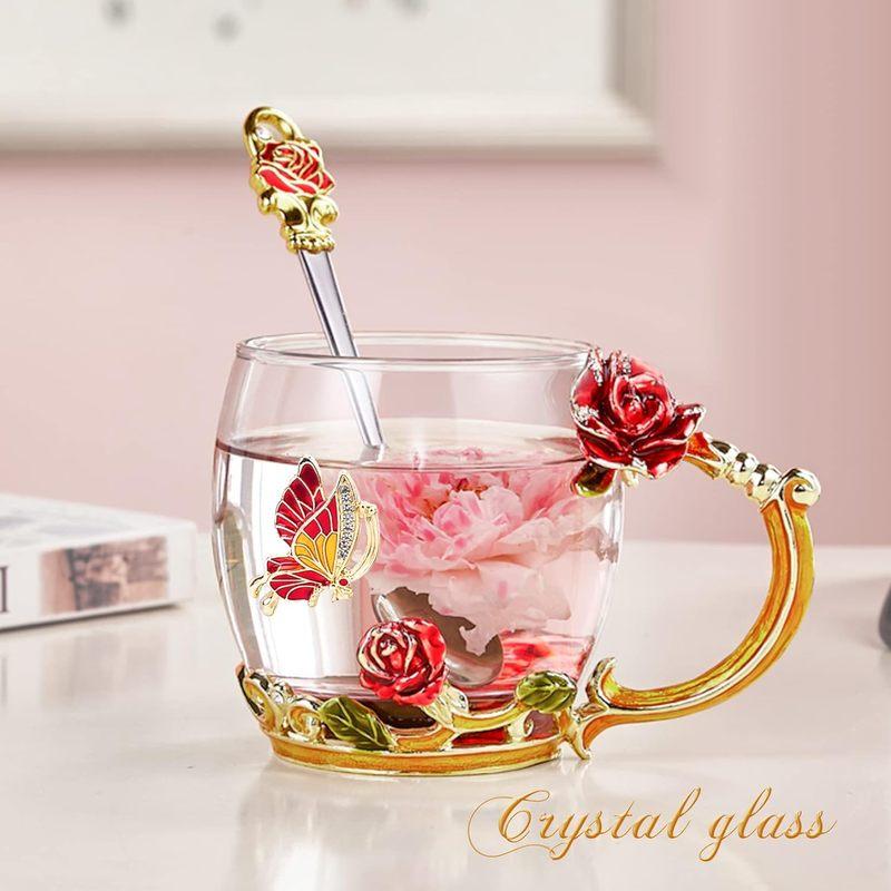 Glas Kaffee Emaille Tasse Beste Geschenke für Mama Frauen Schmetterling Rose Bleifrei Strumpffüller für Frau Rote Teetasse mit Löffel
