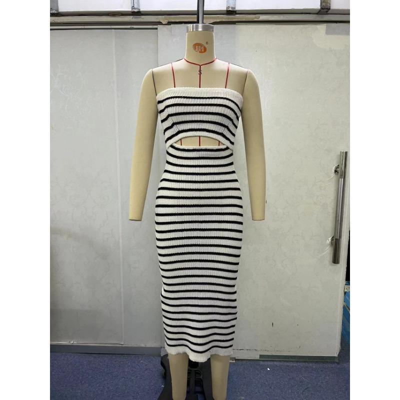 Summer Women's One-Shoulder Sexy Sheath Striped Knit Slim Hip Dresses