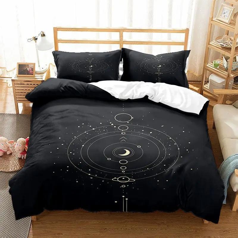 Sonne Mond Bettbezug KingQueen Größe, Galaxie Boho Exotisches Bettwäscheset Schwarz Gold Astrologie Himmlisch Polyester Steppdecke
