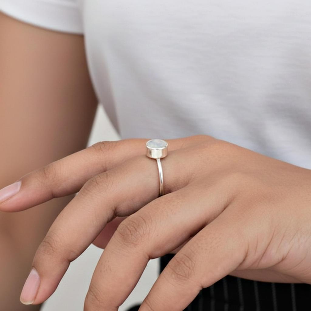 Regnbågsmånsten Oval Statement-ring, 925 Sterling Silver Smycken, Minimalistisk Boho-ring för Kvinnor