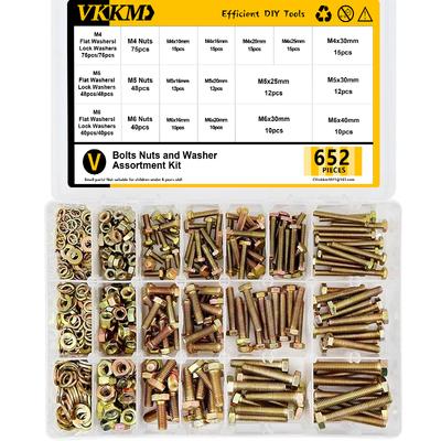 VKKM Bolts, Nuts and Washer Assortment Kit, Including Various Detailed Sizes, with a Total of 652 Pieces.