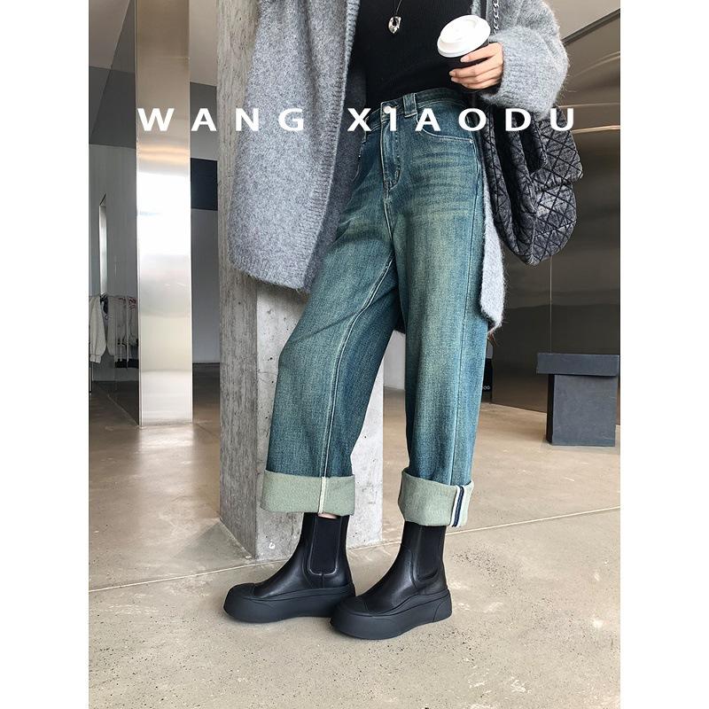 Cowhide~ Wang Xiaodou same leather Chelsea boots women's autumn and winter new Martin boots muffin platform sports short boots