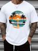 T-shirt da uomo 180g 100% Cotone con Stampe Tramonto sulla Spiaggia e Città Costiera - Bianca Casual a Maniche Corte