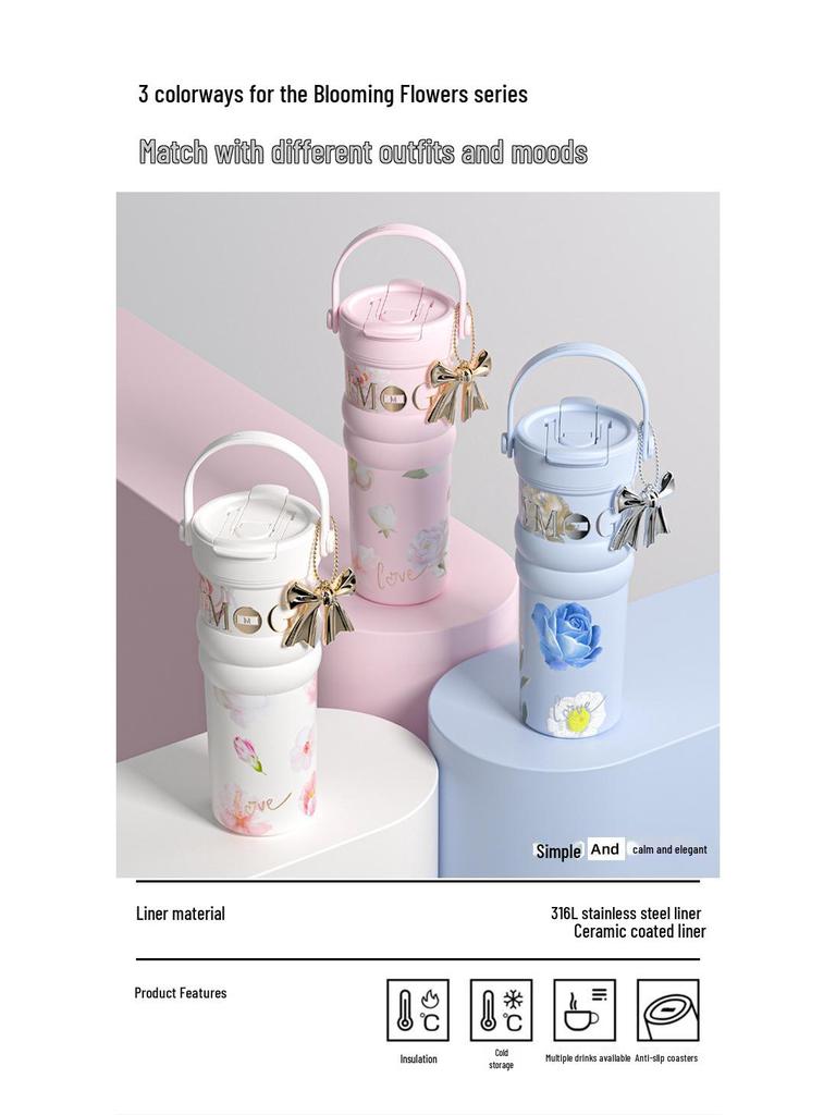 Large Floral Insulated Stainless Steel Travel Cup for Women - Perfect for Cars and Coffee