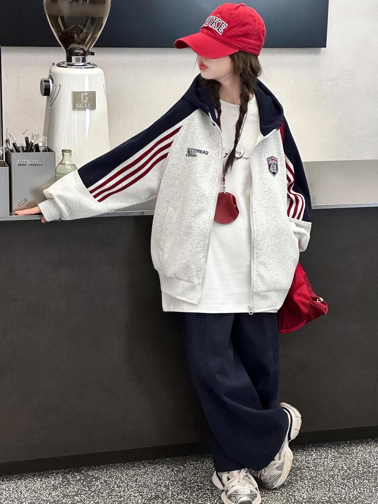 Girls' Striped Color Block Stand Collar Hoodie Cardigan - Casual Loose Fit Spring/Autumn Jacket