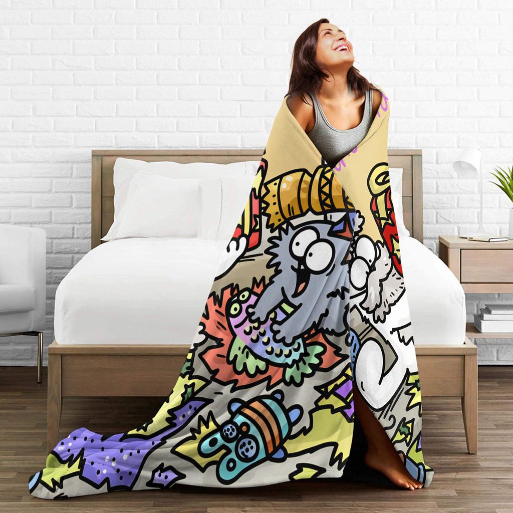 Cartoon Simons Cat Blanket Cute Warm Soft Novelty Plush Throw Blanket For Couch Chair Sofa Bed Airplane Travel Bedspread Bed
