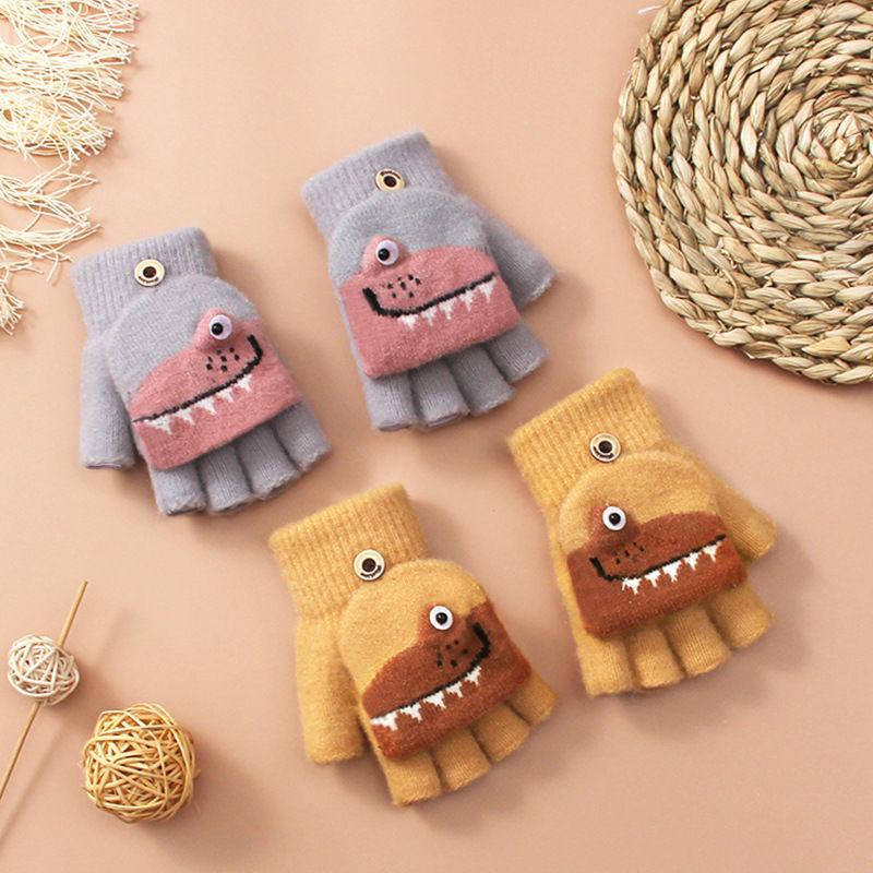 Half Finger Flip Cartoon Kids Gloves Jacquard Color Matching Autumn Winter Warm Gloves for Children Student Writing Baby Gloves