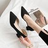 New thick heel pointed shoes side empty high heels medium heel black soft leather professional single shoes