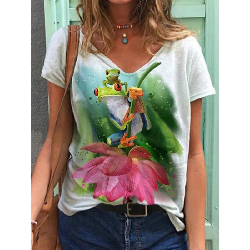 Ladies' Casual Summer Pullover V-neck T-shirt with Floral 3D Printing Short Sleeved Loose Women's Top T-Shirts Women’s