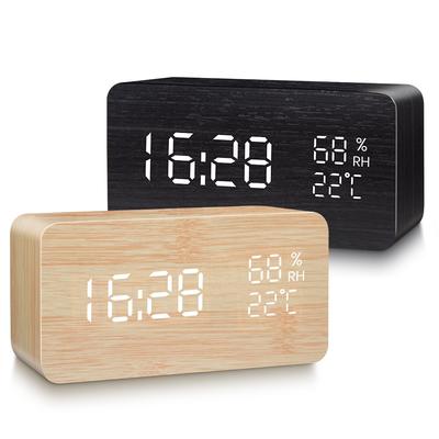 Çalar Saat LED Dijital Ahşap USB/AAA Destekli Masa Saati Sıcaklık Nem Ses Kontrolü Erteleme Elektronik Masa Saatleri