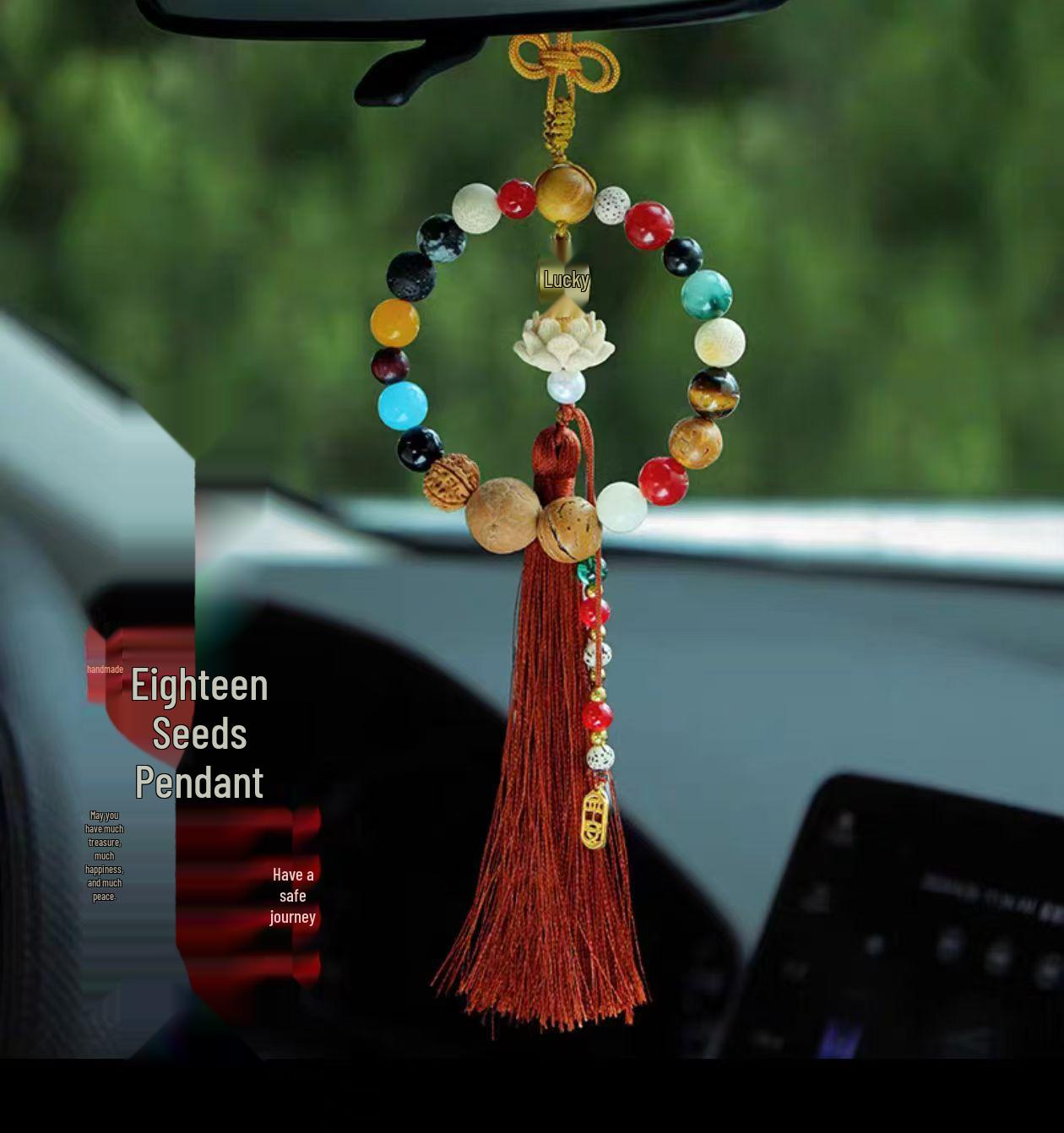 Temple-Style Peach Wood Rearview Mirror Pendant with Eighteen-Seed Lotus and Small Buddha for Car Safety