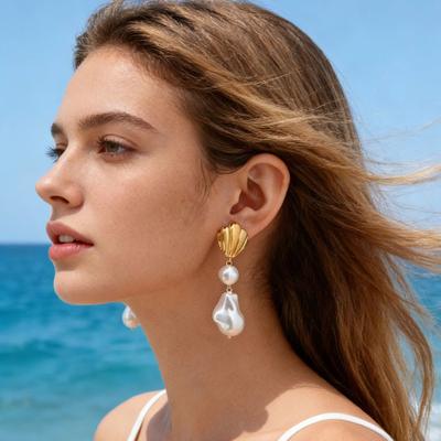 French Style Vintage Irregular Imitation Pearl Earrings for Women Waterproof Stainless Steel Long Dangle Earrings Luxury Jewelry