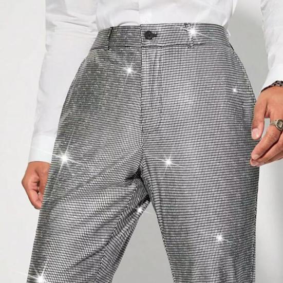 Men's Shiny Sequin Trousers Retro Elastic Waist Party Dance Pants Wide Leg Night Club Disco Pants for Stage Performance Hip-Hop Bar