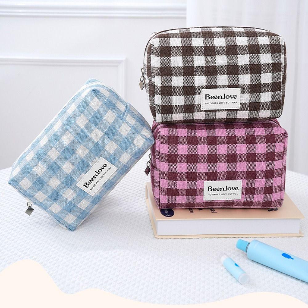 Large Capacity Makeup Pouch Lattice Travel Wash Bag Simple Plaid Cosmetic Bag Women/men