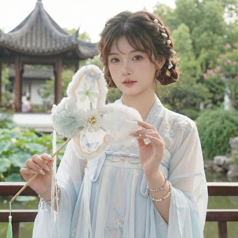 Decorative Fluffy Butterfly Handheld Fan Chinese Style Ancient Embroidered Fan Handmade with Tassel Fairy Fan Dance Performance