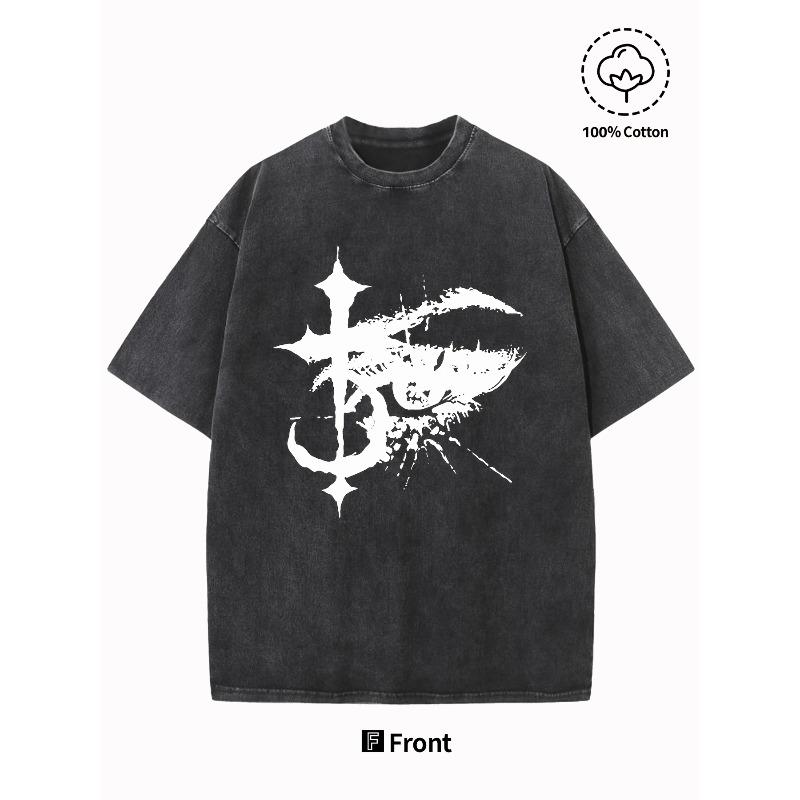 

European sizes Men s Vintage Distressed T-Shirt Washed Cotton, Retro Letter & N Print Round Neck Short Sleeve Casual Tee for Outdoor Wear S чёрный