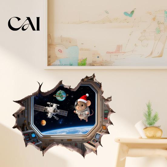 Waterproof Wall Sticker 3D Christmas Mouse Hole Sticker, PVC Decal, Creative Festive Gift for Friends Scene Easy Apply Holiday Living Room And Bedroom