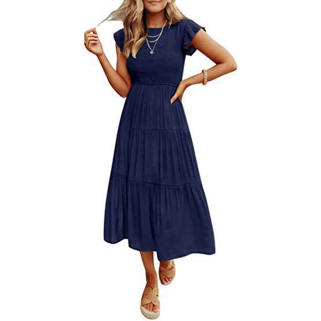 Women's Flutter Sleeve Smocked Tiered Midi Dress