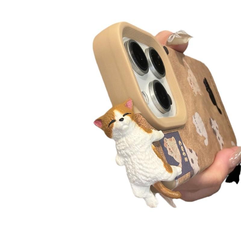 3D Kožený obal na iPhone s kočkou: Kompatibilní s iPhone 13, 14, 15 Pro, 16 Pro Max pro podzim a zimu