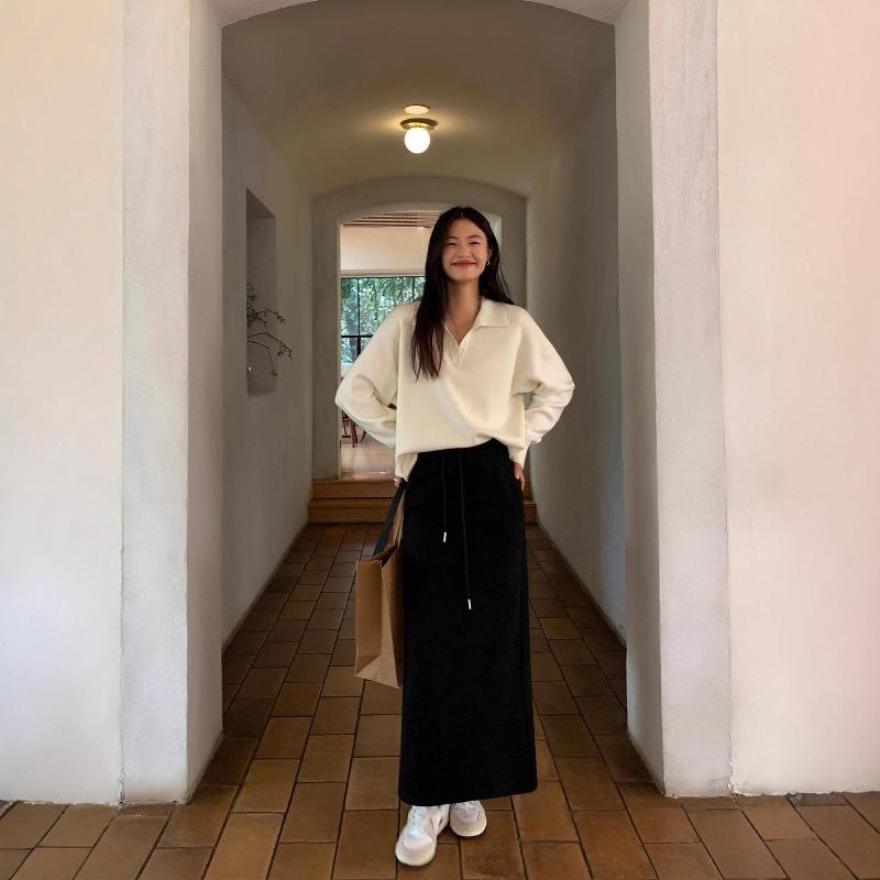 Black polo neck sweater women's casual lazy wind loose v-neck pullover knitted top new in autumn and winter