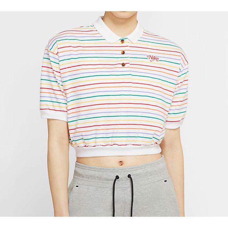 Nike Sportswear Striped Color Block Polo Shirt Women Tops White CJ2517-100