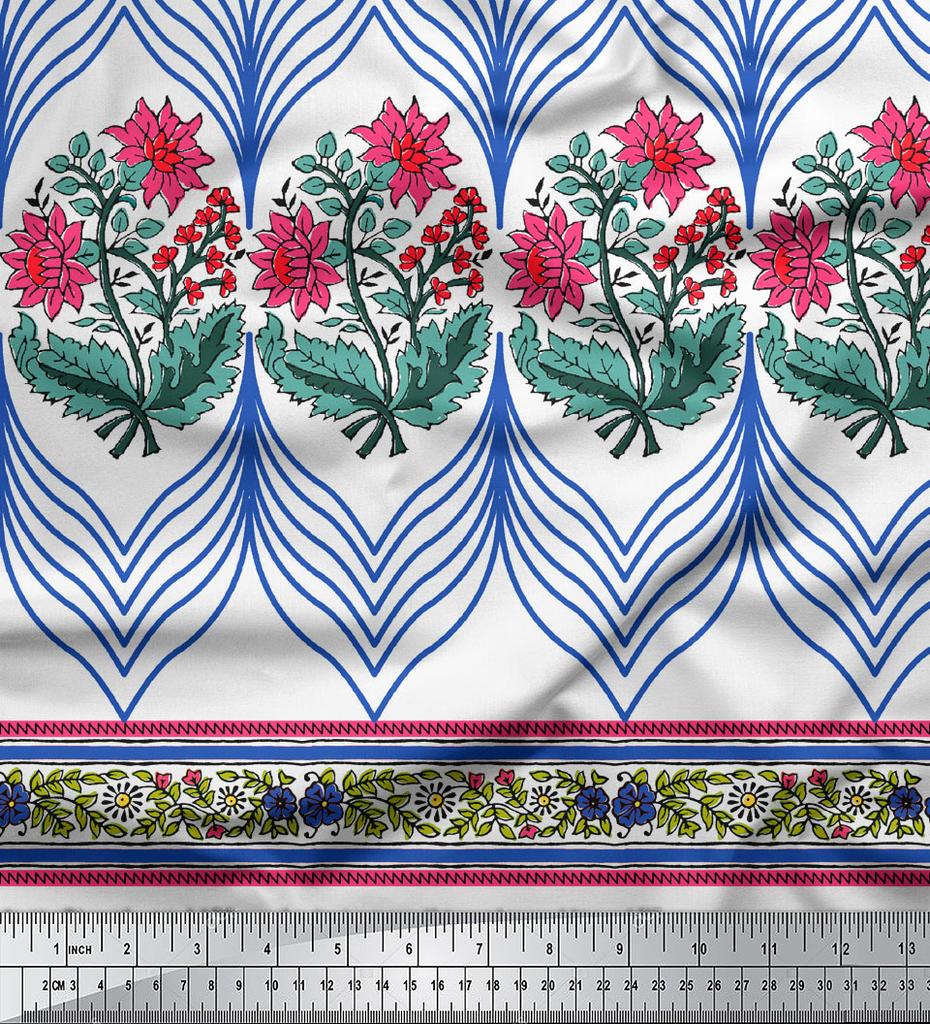 Soimoi Japanischer Krepp-Satinstoff, gestreift, Blätter und Blumen, bedruckt, Meterware, 107 cm