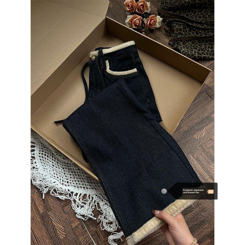 

Женские стильные винтажные джинсы большого размера с толстой флисовой подкладкой на зиму, с высокой талией, прямого кроя, свободные, с широкими штанинами, брюки-швабры Dark blue Quality Edition] S