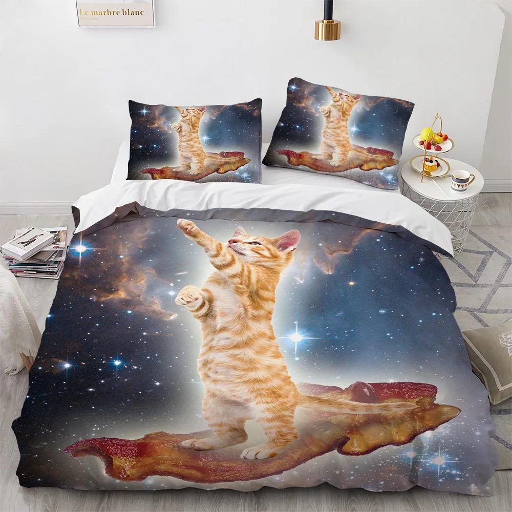 Unicorn Cat King Queen Duvet Cover Pink Kawaii Cartoon Kitty Bedding Set Magical Animal 2-3pcs Soft Quilt Cover for Kids Girls