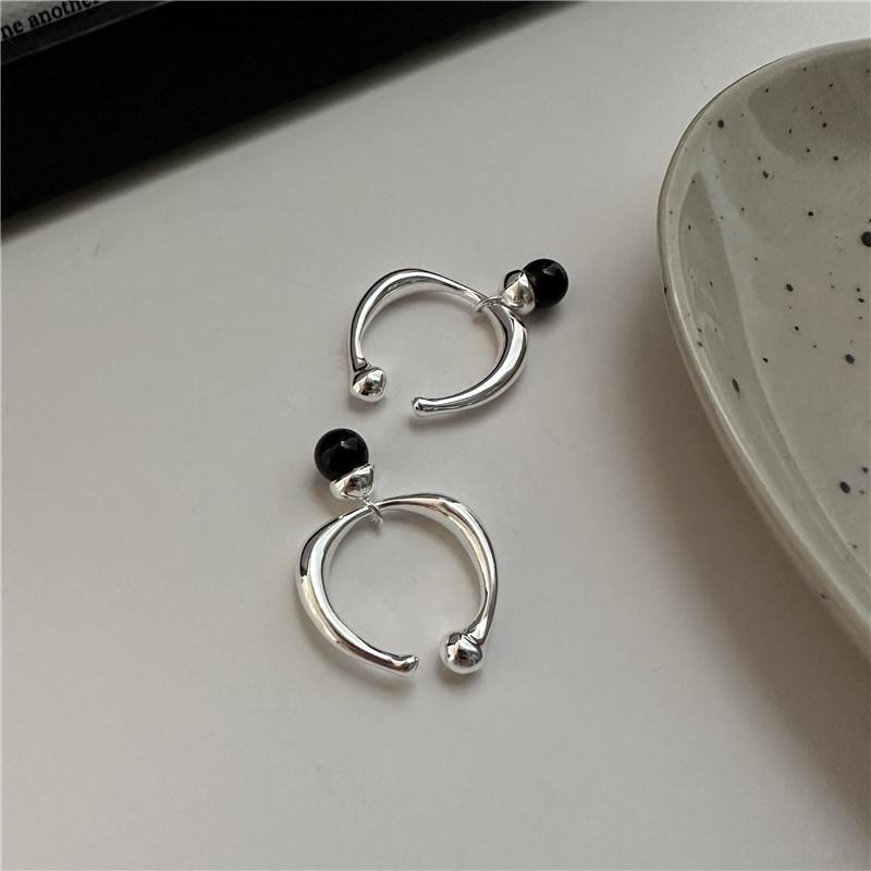 French Retro Open Ring in 925 Sterling Silver with Black Agate Spherical Design