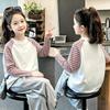 Girls' Patchwork Striped Long-Sleeve Cartoon Top - Spring/Autumn Round Neck Casual Shirt