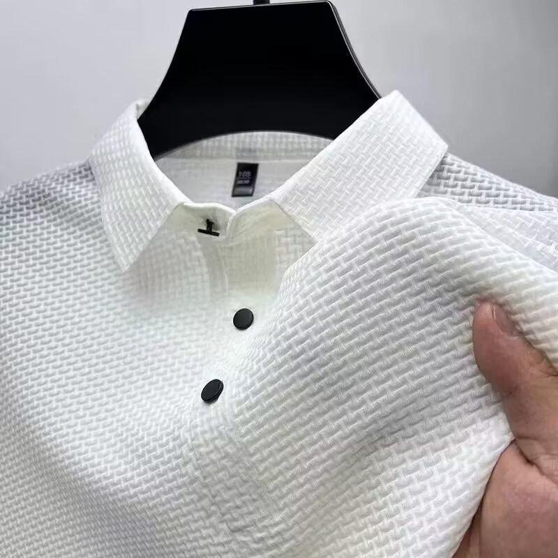 High End Mesh Ice Silk Short Sleeved T-shirt for Men's Shirt Collar, Summer Solid Color New Sliding Polo Shirt, Half Sleeved Men's Clothing