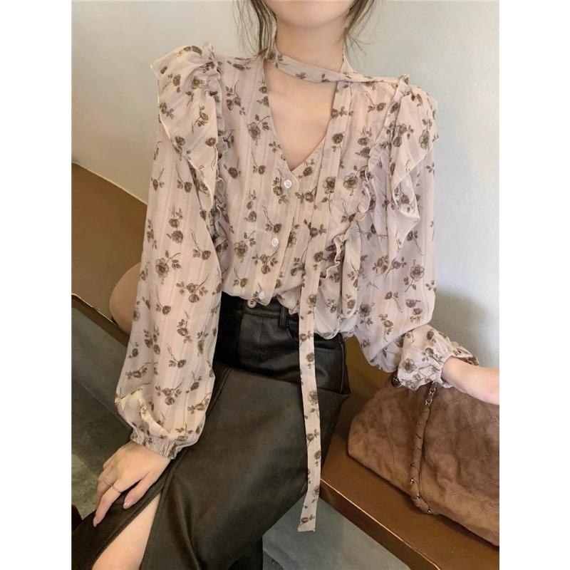 Lace Up Ruffle Edge Floral Shirt Women's Long Sleeve V-neck Female's Single Breaste Blouse French Gentle Lady's Chic Top