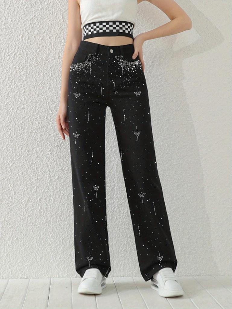 Women's Rhinestone Straight-Leg Jeans with Butterfly Design: Stylish and Comfortable