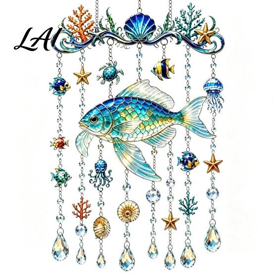 Balcony Hanging Decor Ocean-Themed Wind Chime Decoration Animal Sun Catcher with Faux Crystal Drops Tropical Fish Garden Decoration Stained