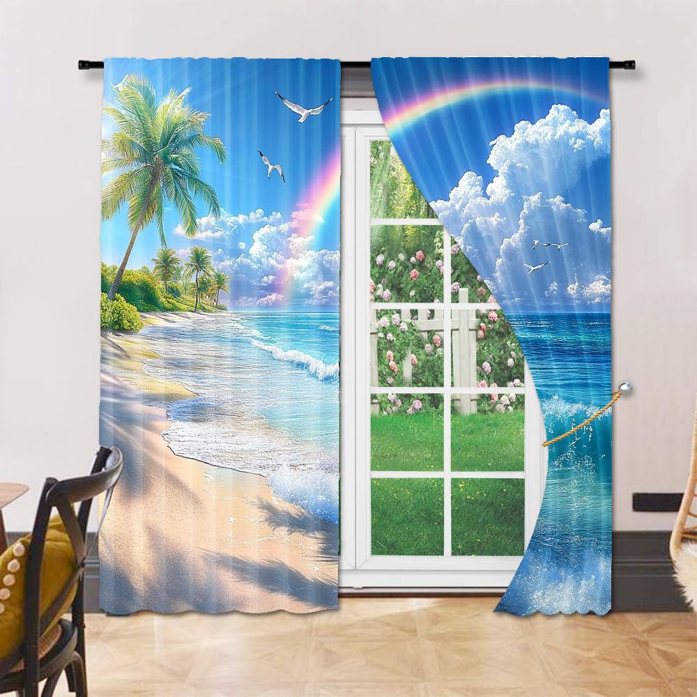 Set Of 2 Versatile Polyester Transparent Curtains Home Decoration Tropical Beach Palm Tree Use Bedrooms Living Curtain Ideal For Master Bedroom